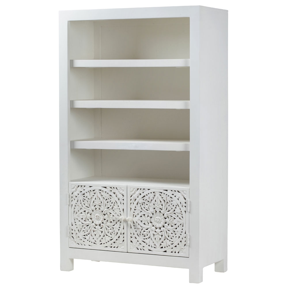 Product photograph of Boho White Washed Light Distressed Carved Mango Wood Bookcase - 2 Doors from Choice Furniture Superstore.
