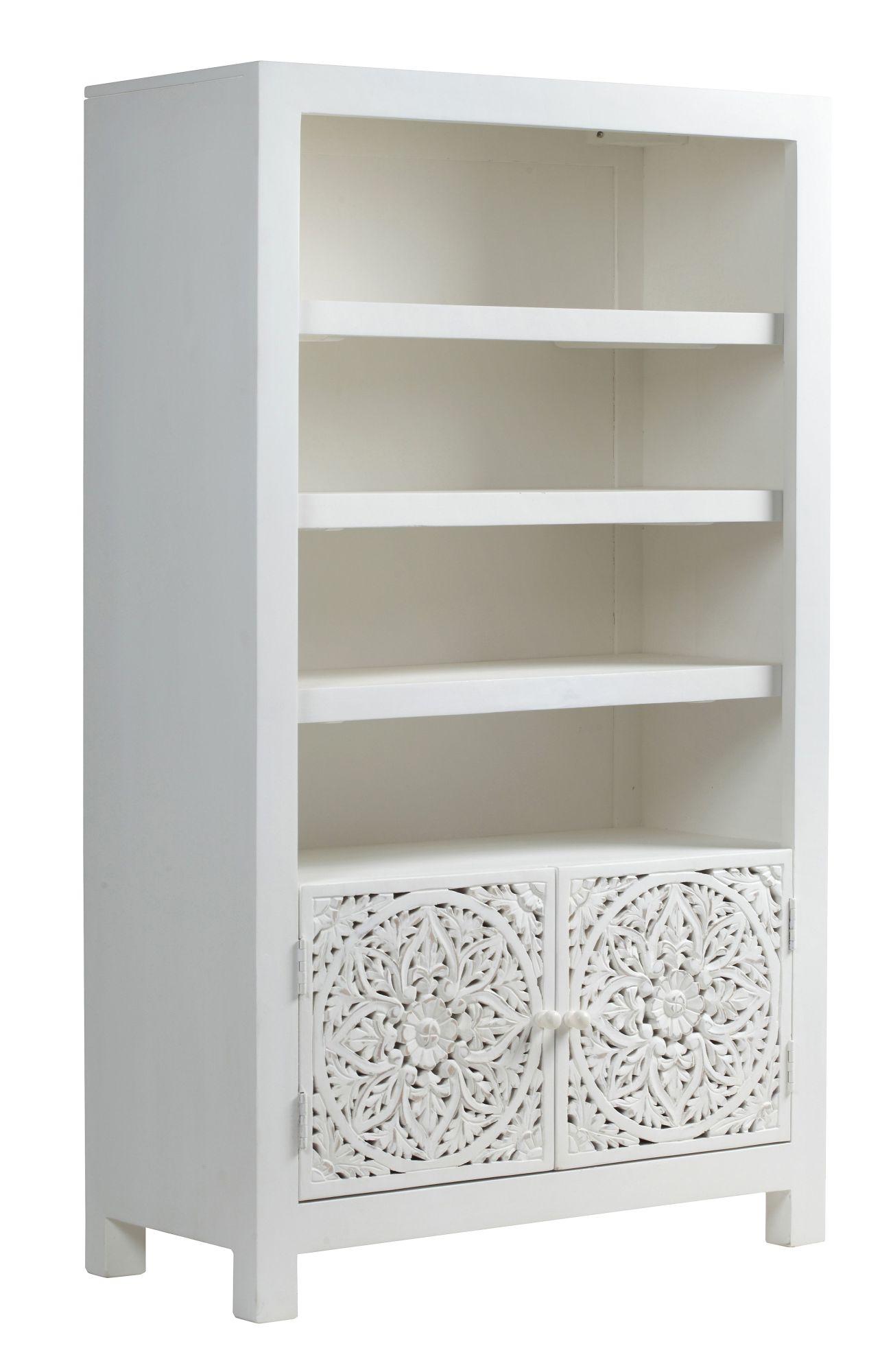 Product photograph of Clearance - Boho White Washed Light Distressed Carved Mango Wood Bookcase - 2 Doors from Choice Furniture Superstore.