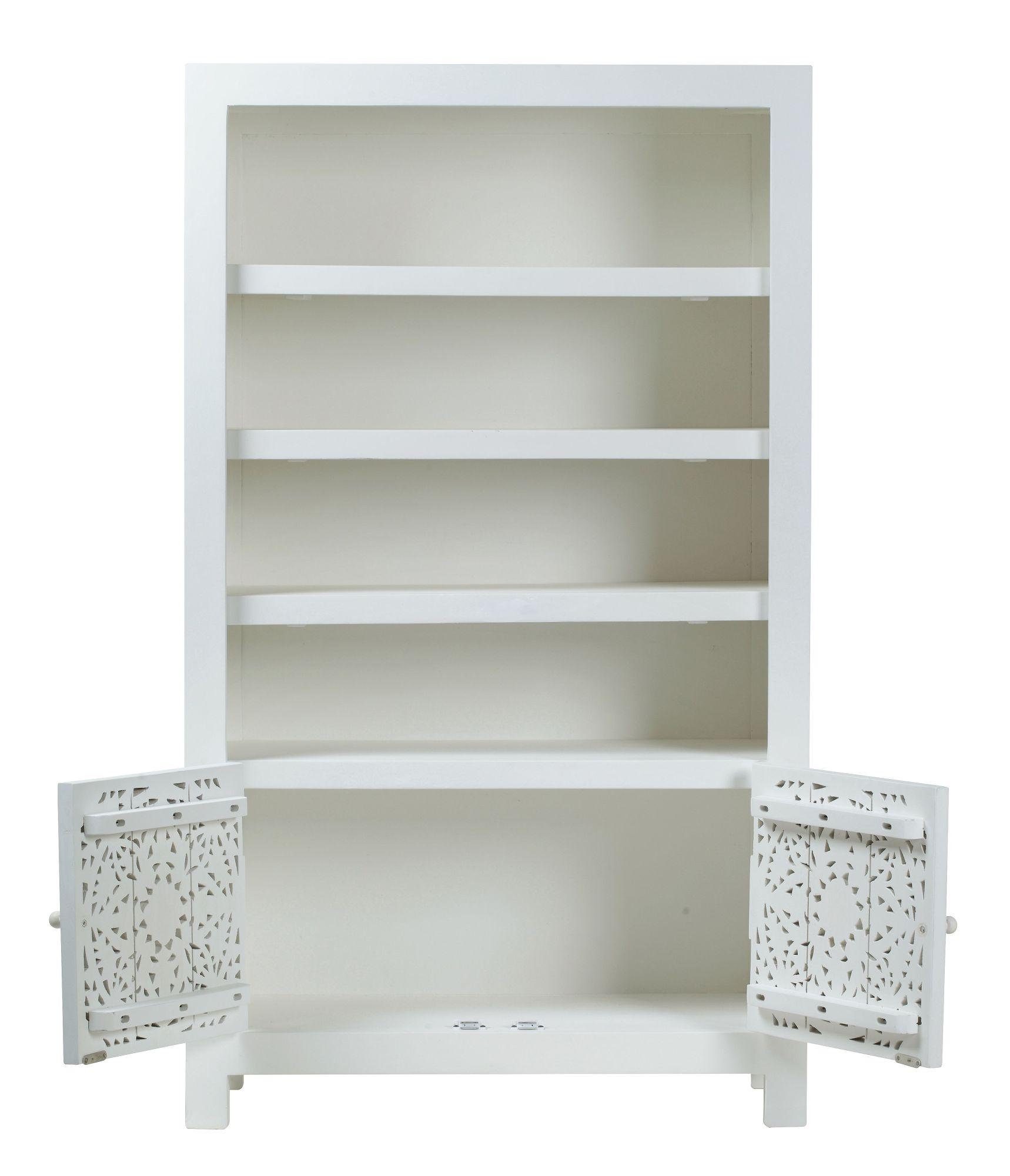 Product photograph of Clearance - Boho White Washed Light Distressed Carved Mango Wood Bookcase - 2 Doors from Choice Furniture Superstore.