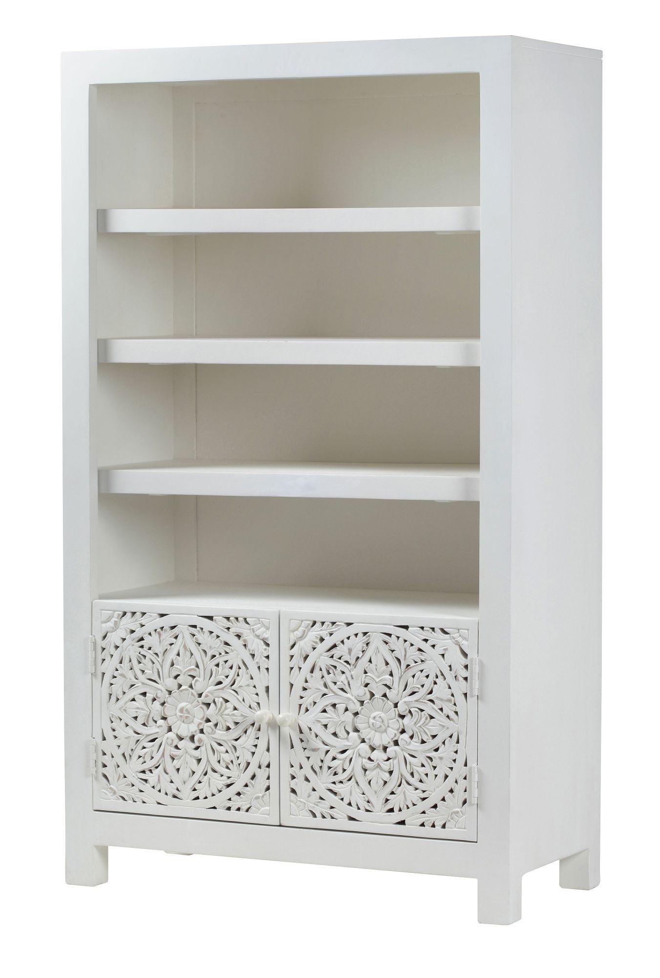 Product photograph of Clearance - Boho White Washed Light Distressed Carved Mango Wood Bookcase - 2 Doors from Choice Furniture Superstore.