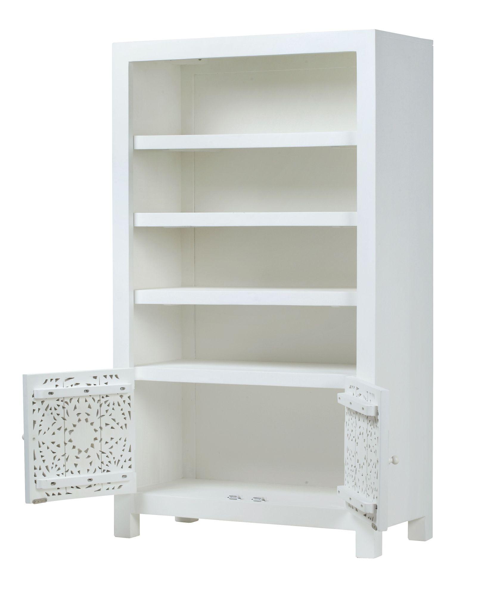 Product photograph of Clearance - Boho White Washed Light Distressed Carved Mango Wood Bookcase - 2 Doors from Choice Furniture Superstore.