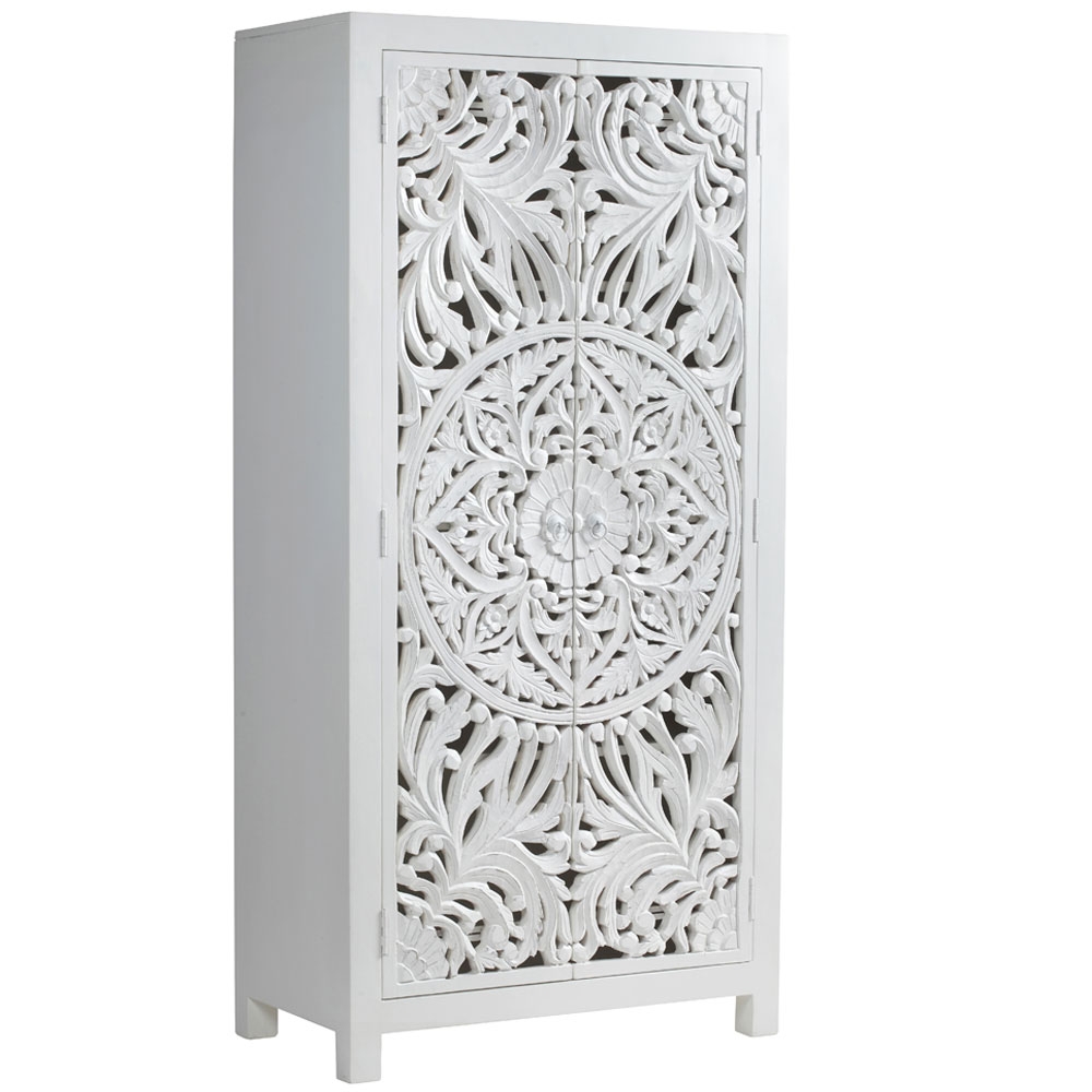 Product photograph of Boho White Washed Light Distressed Carved Mango Wood Wardrobe - 2 Doors from Choice Furniture Superstore.