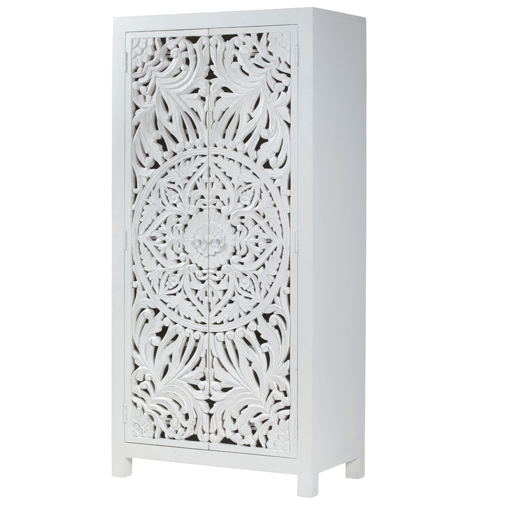 Product photograph of Boho White Washed Light Distressed Carved Mango Wood Wardrobe - 2 Doors from Choice Furniture Superstore.
