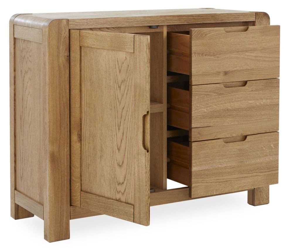 Product photograph of Bergen Oak Small Sideboard 98 5cm W With 1 Door 3 Drawers from Choice Furniture Superstore.