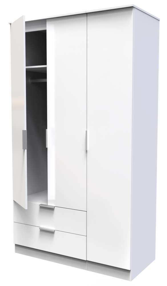 Product photograph of Plymouth White Gloss 3 Door Tall Triple Wardrobe - Lhf 2 Drawers from Choice Furniture Superstore.