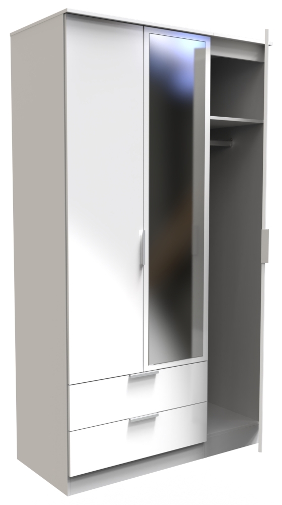 Product photograph of Plymouth White Gloss 3 Door 2 Left Drawer Tall Mirror Wardrobe from Choice Furniture Superstore.