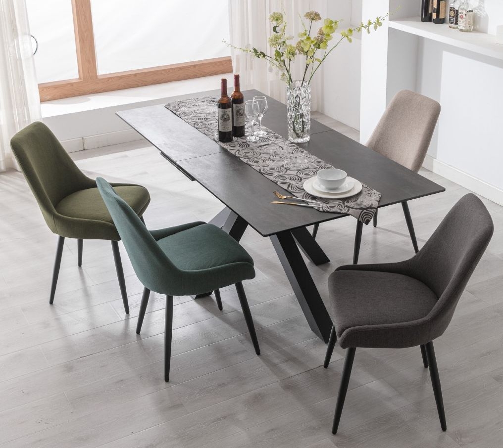 Noah Dining Chair, Velvet Fabric Upholstered with Round Black Metal Legs (Sold in Pairs)