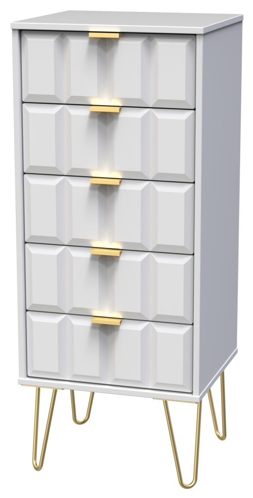 Product photograph of Cube White Matt 5 Drawer Tall Bedside Cabinet With Hairpin Legs from Choice Furniture Superstore.