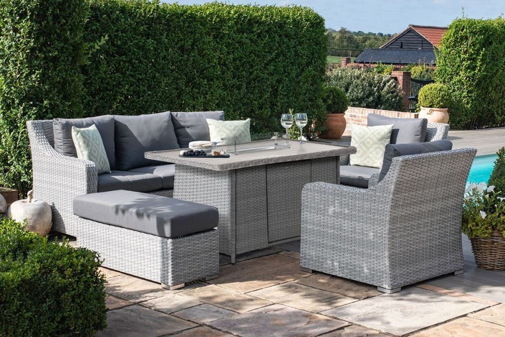 Product photograph of Maze Ascot Grey 3 Seat Rattan Sofa Dining Set With Fire Pit And Weatherproof Cushions from Choice Furniture Superstore.