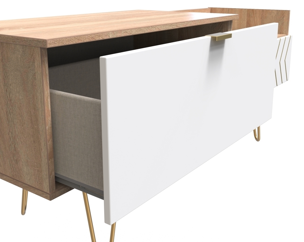 Product photograph of Jigsaw White And Oak Effect 130cm Tv Unit With Gold Hairpin Legs from Choice Furniture Superstore.