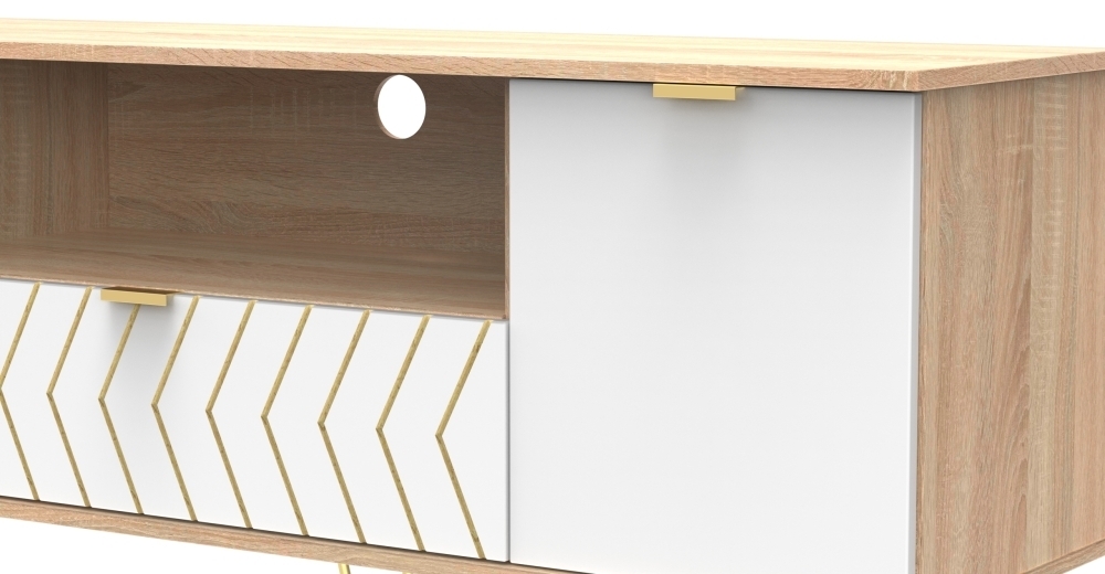 Product photograph of Jigsaw White And Oak Effect 65cm Tv Unit With Gold Hairpin Legs from Choice Furniture Superstore.