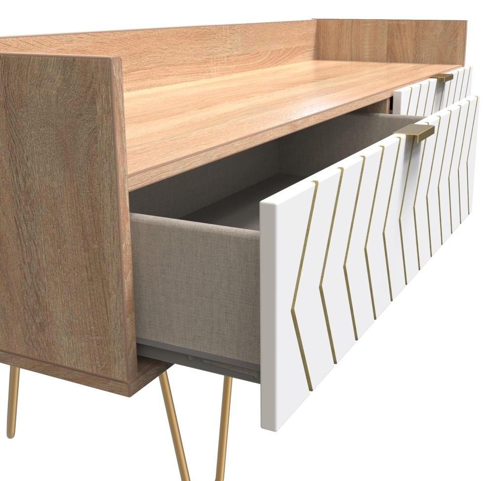 Product photograph of Jigsaw White And Oak Effect 130cm Tv Unit With Gold Hairpin Legs - 2 Drawers from Choice Furniture Superstore.
