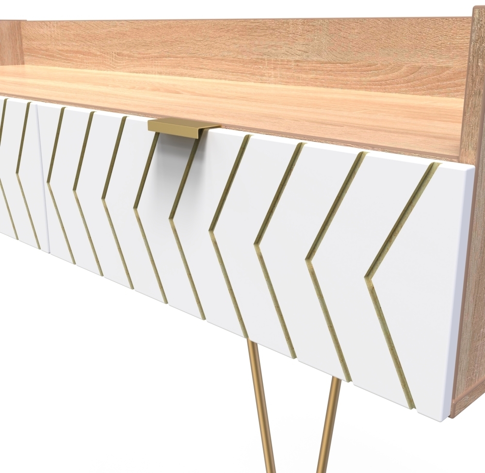 Product photograph of Jigsaw White And Oak Effect 130cm Tv Unit With Gold Hairpin Legs - 2 Drawers from Choice Furniture Superstore.