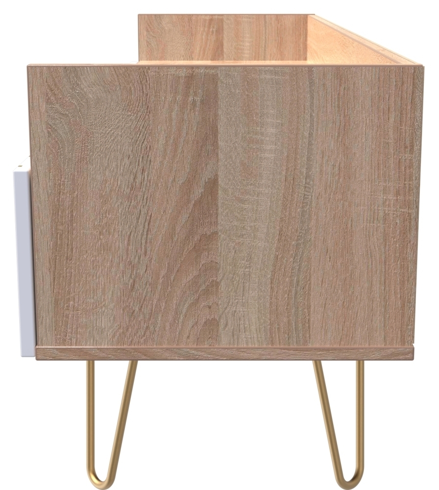 Product photograph of Jigsaw White And Oak Effect 130cm Tv Unit With Gold Hairpin Legs - 2 Drawers from Choice Furniture Superstore.