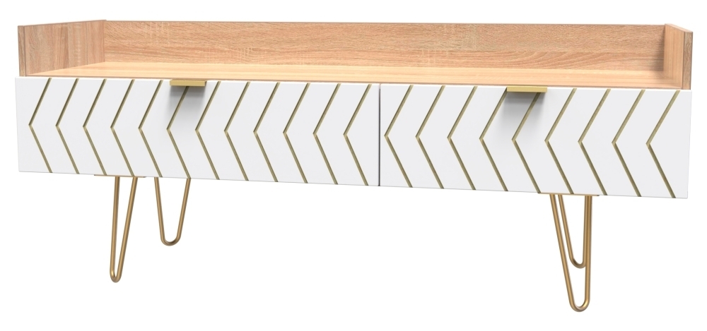 Product photograph of Jigsaw White And Oak Effect 130cm Tv Unit With Gold Hairpin Legs - 2 Drawers from Choice Furniture Superstore.