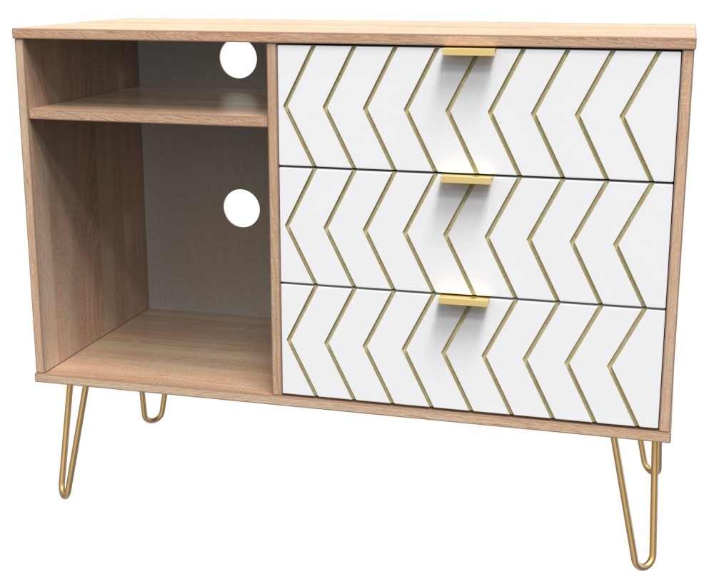 Product photograph of Jigsaw White And Oak Effect 95cm Tv Unit With Gold Hairpin Legs from Choice Furniture Superstore.