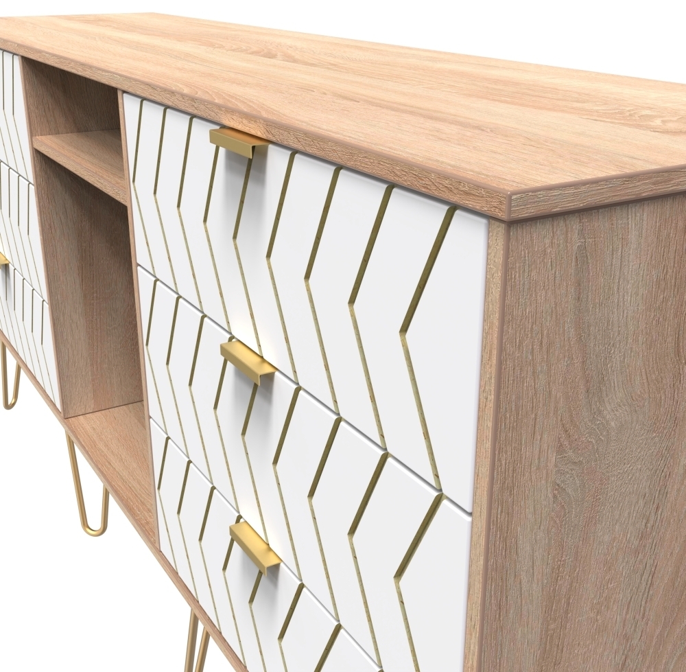 Product photograph of Jigsaw White And Oak Effect 150cm Tv Unit With Gold Hairpin Legs from Choice Furniture Superstore.