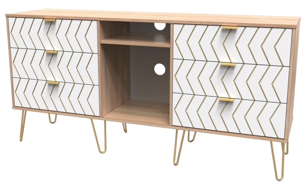 Product photograph of Jigsaw White And Oak Effect 150cm Tv Unit With Gold Hairpin Legs from Choice Furniture Superstore.