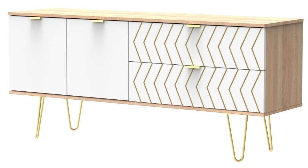 Product photograph of Jigsaw White And Oak Effect 145cm Tv Unit With Gold Hairpin Legs from Choice Furniture Superstore.