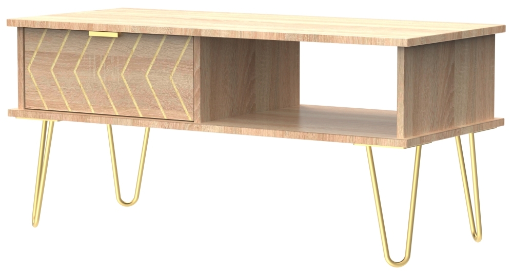 Product photograph of Jigsaw Oak Effect 1 Drawer Coffee Table With Gold Hairpin Legs from Choice Furniture Superstore.