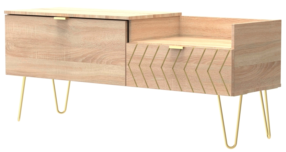 Product photograph of Jigsaw Oak Effect 130cm Tv Unit With Gold Hairpin Legs - 2 Drawers from Choice Furniture Superstore.