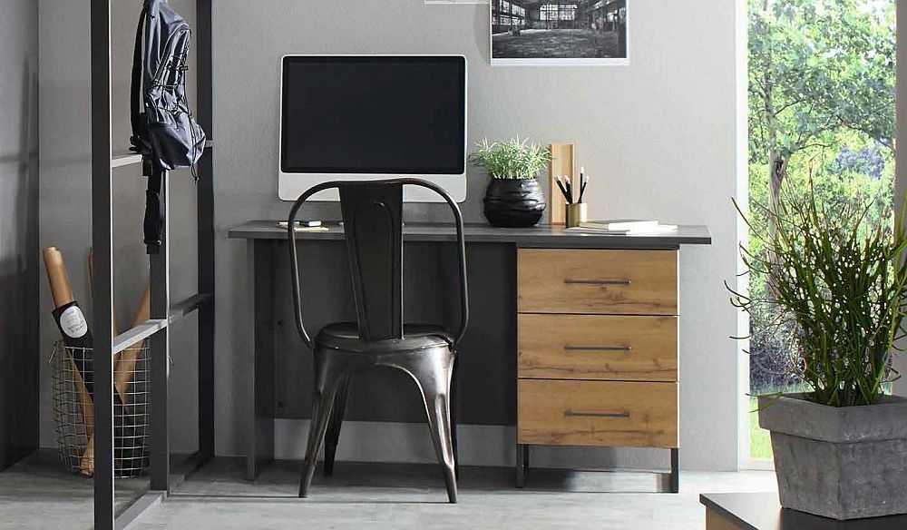 Product photograph of Home Office Metallic Grey And Wotan Oak 3 Right Drawer Desk from Choice Furniture Superstore.