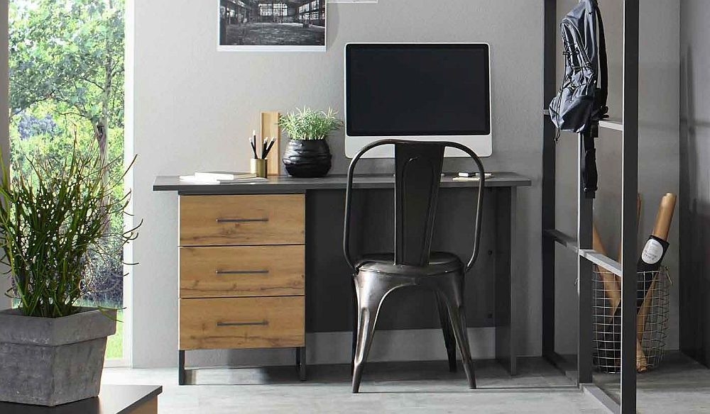 Product photograph of Rauch Home Office Metallic Grey And Wotan Oak 3 Drawer Desk - Lh from Choice Furniture Superstore.