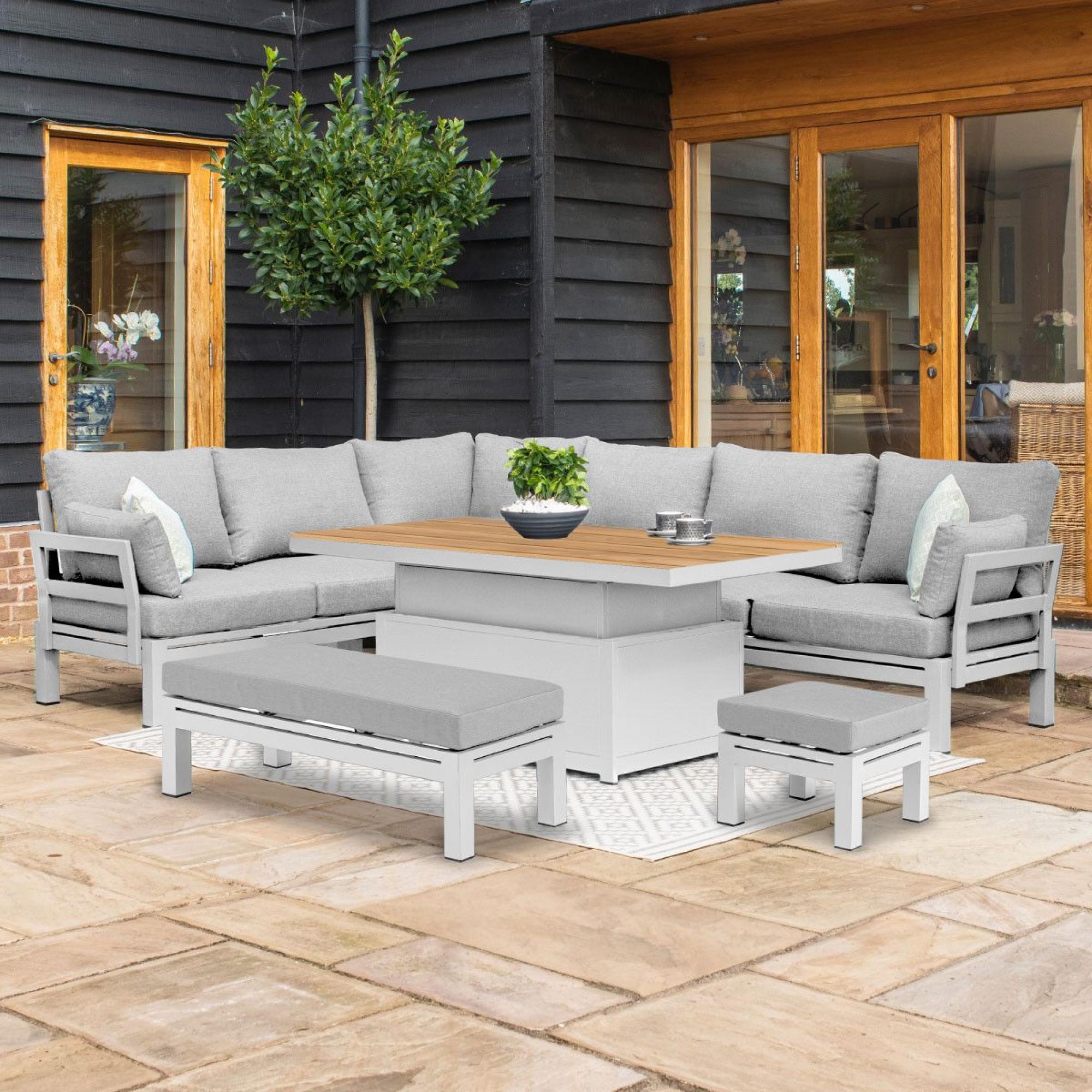 Product photograph of Maze Oslo White Corner Sofa With Teak Gas Lift Rectangular Rising Table from Choice Furniture Superstore.