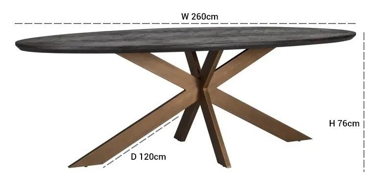 Product photograph of Blackbone Black Oak And Brass Oval Dining Table - 260cm from Choice Furniture Superstore.