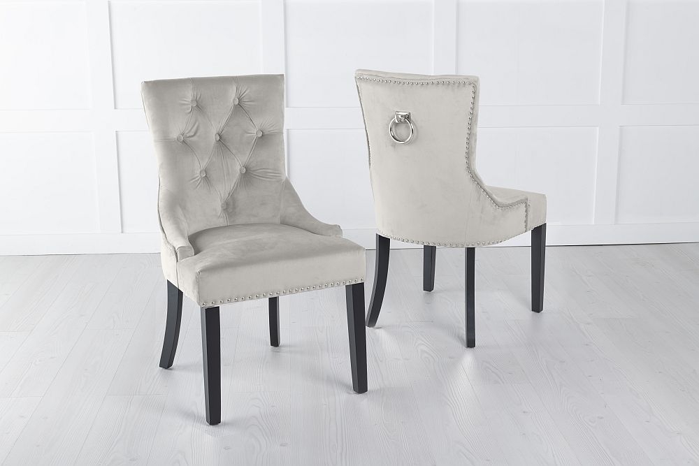Product photograph of Knocker Back Champagne Dining Chair Tufted Velvet Fabric Upholstered With Black Wooden Legs from Choice Furniture Superstore.