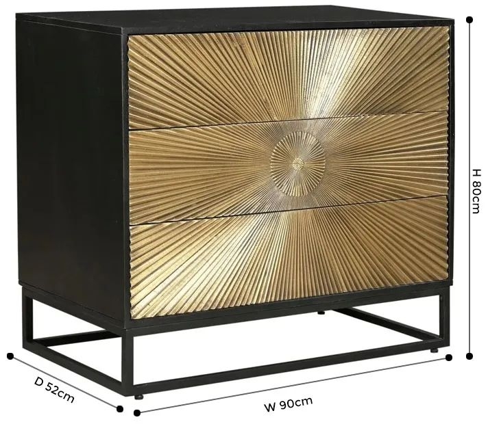 Product photograph of Luxe Black And Antique Gold Starburst Chest - 3 Drawers from Choice Furniture Superstore.