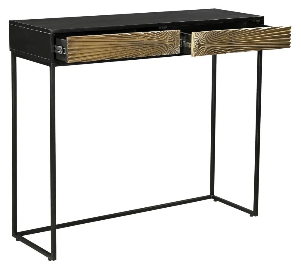 Product photograph of Luxe Black And Antique Gold Starburst Console Table- 2 Drawers from Choice Furniture Superstore.