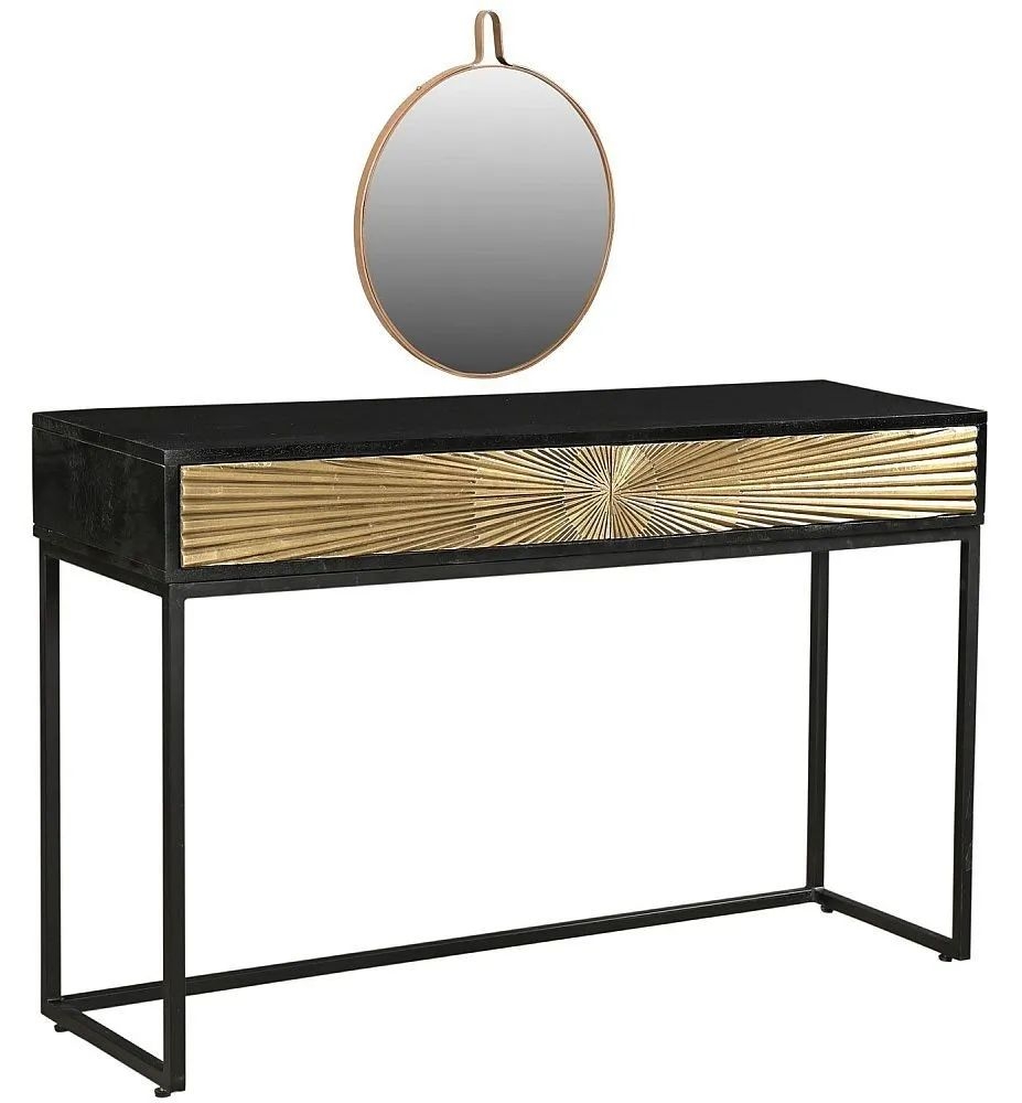Product photograph of Luxe Black And Antique Gold Starburst Dressing Table With Mirror - 2 Drawers from Choice Furniture Superstore.