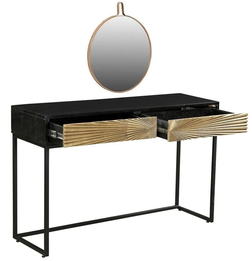 Product photograph of Luxe Black And Antique Gold Starburst Dressing Table With Mirror - 2 Drawers from Choice Furniture Superstore.