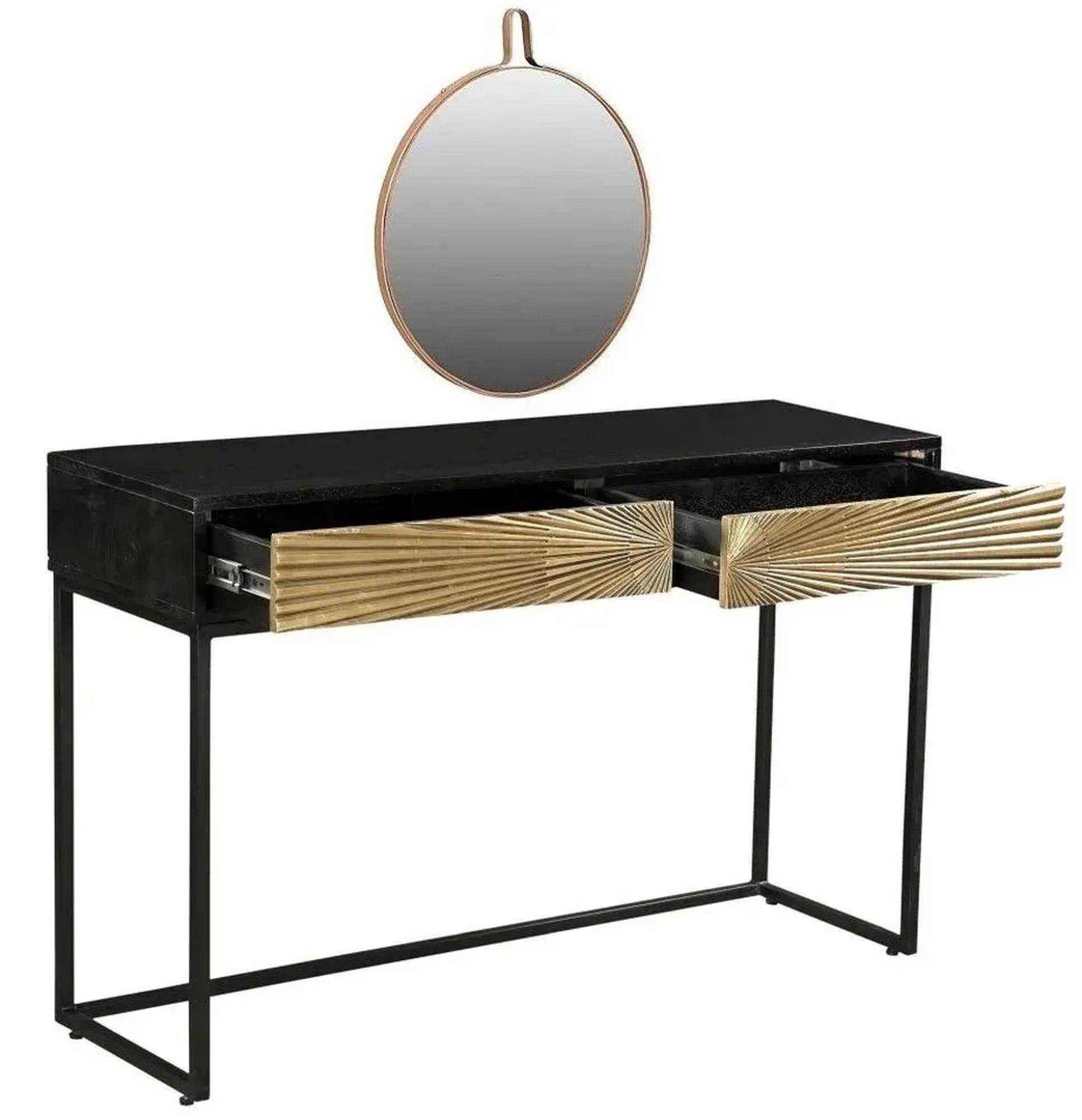 Product photograph of Clearance - Luxe Black And Antique Gold Starburst Dressing Table With Mirror - 2 Drawers from Choice Furniture Superstore.