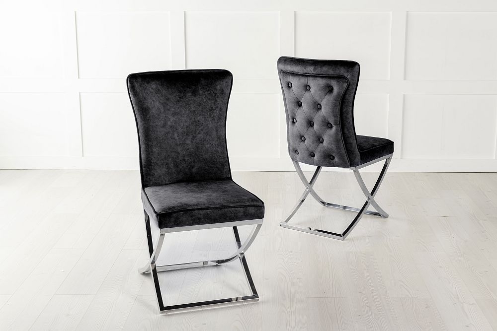 Product photograph of Lyon Cross Leg Black Dining Chair Plush Velvet Fabric With Tufted Buttoned Back And Chrome Metal Base from Choice Furniture Superstore.