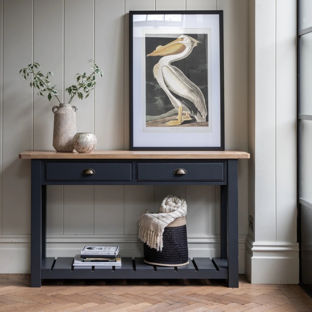 Product photograph of Telford Oak 2 Drawer Console Table - Comes In Meteor And Prairie Options from Choice Furniture Superstore.