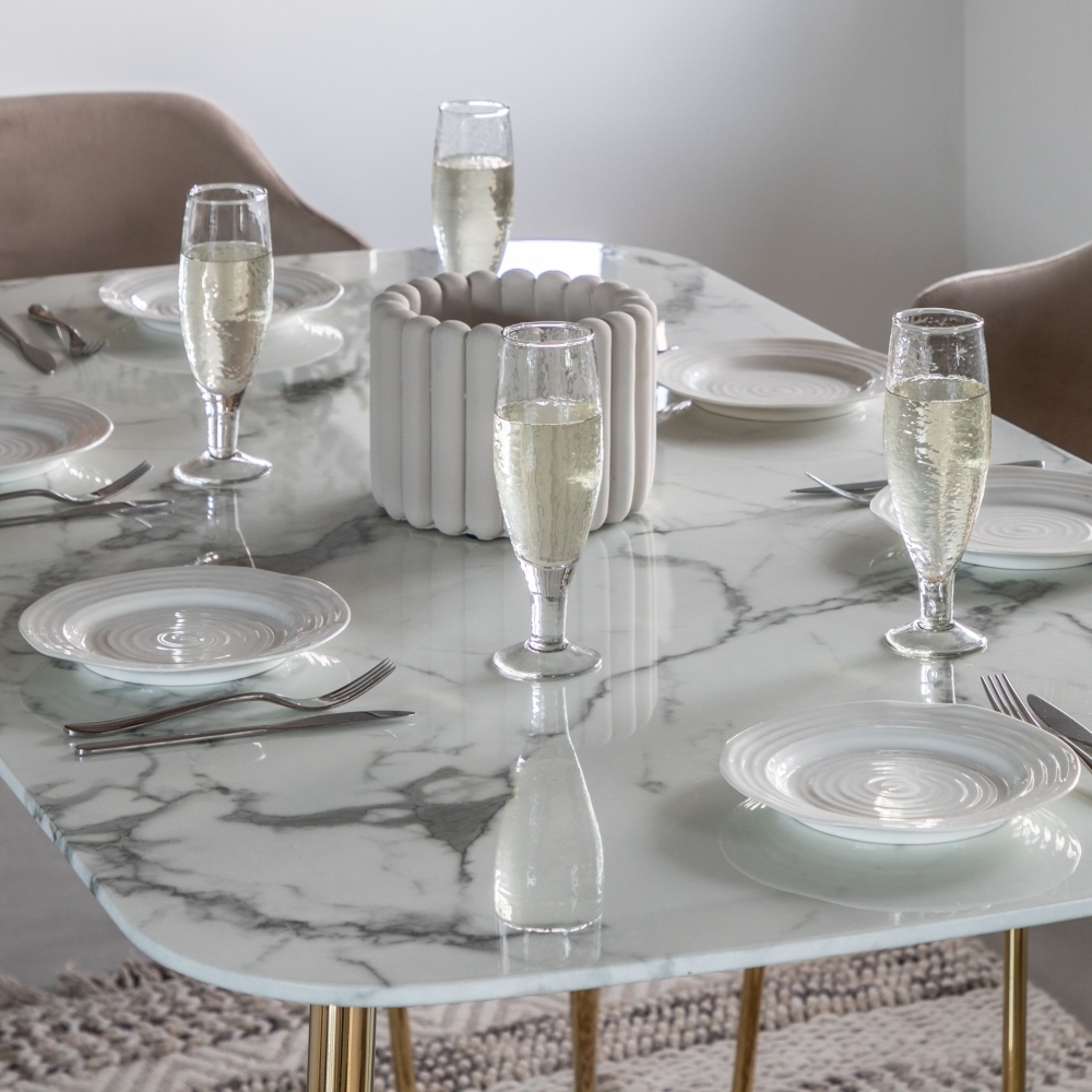 Product photograph of Evans Marble Effect Glass 6 Seater Dining Table - Comes In White And Gold Or Black And Gold Options from Choice Furniture Superstore.