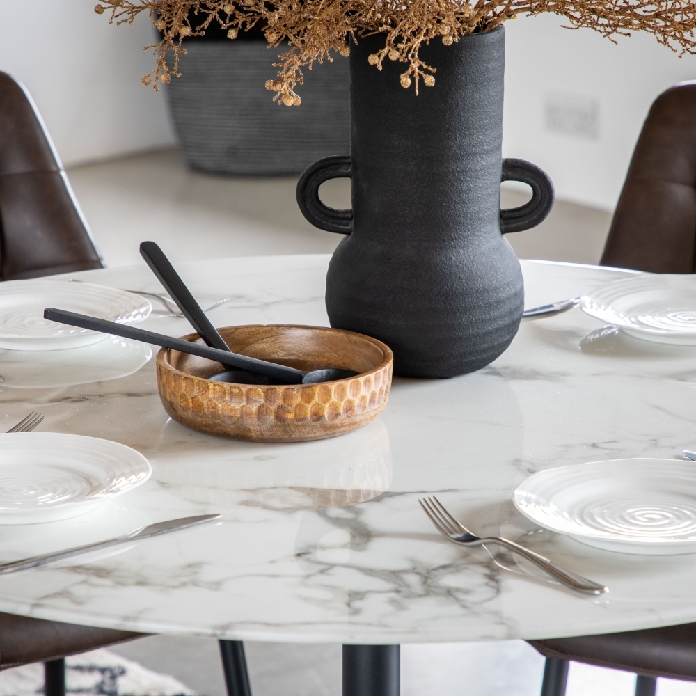 Product photograph of Fielding Black And White Marble Effect Glass Round Dining Table - 2 Seater from Choice Furniture Superstore.