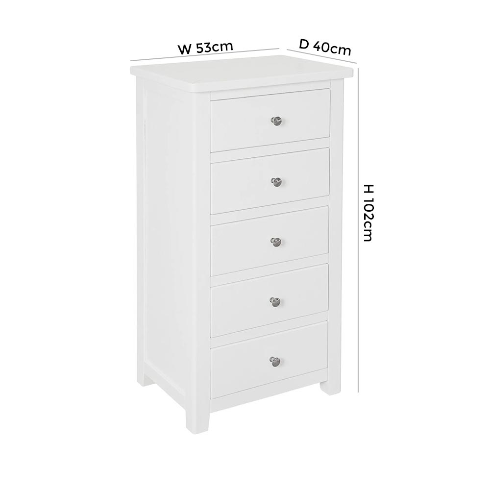 Product photograph of Henley Painted 5 Drawer Narrow Chest - Comes In White Blue And Charcoal Finish Options from Choice Furniture Superstore.