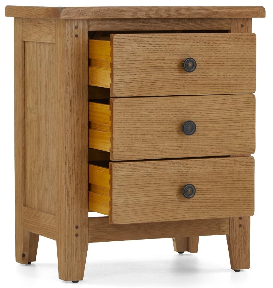 Product photograph of Burford Oak 3 Drawer Bedside Cabinet from Choice Furniture Superstore.