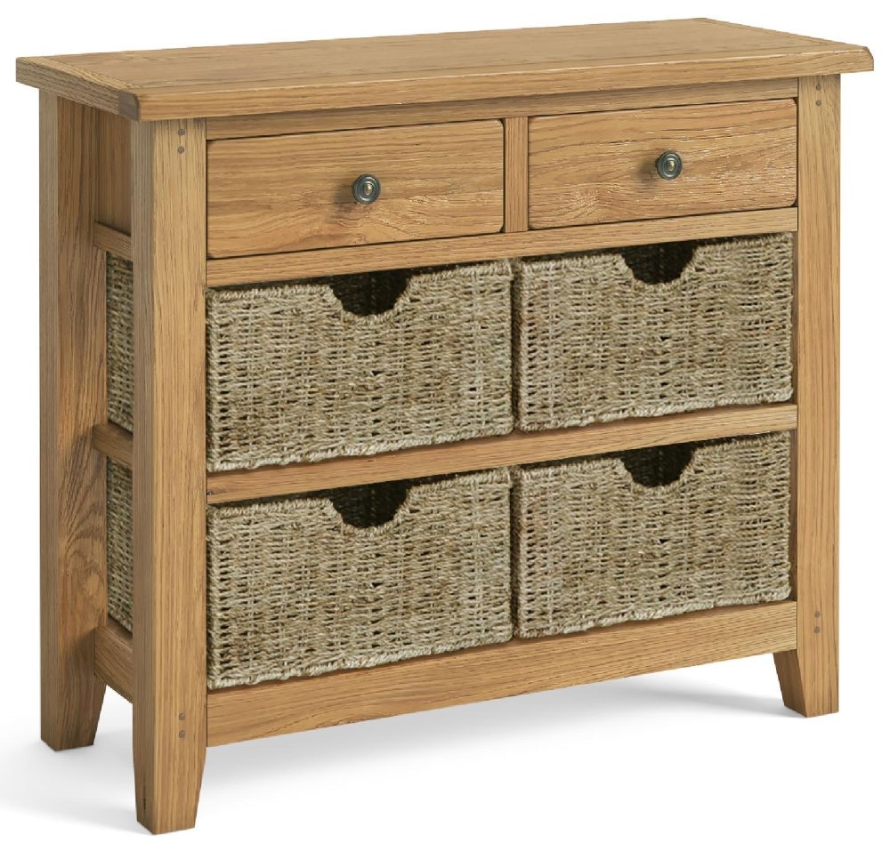 Product photograph of Belden Oak 2 Drawer Console Table With Basket from Choice Furniture Superstore.