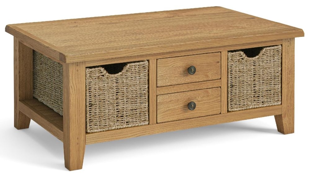 Product photograph of Belden Oak 2 Drawer Large Coffee Table With Basket from Choice Furniture Superstore.