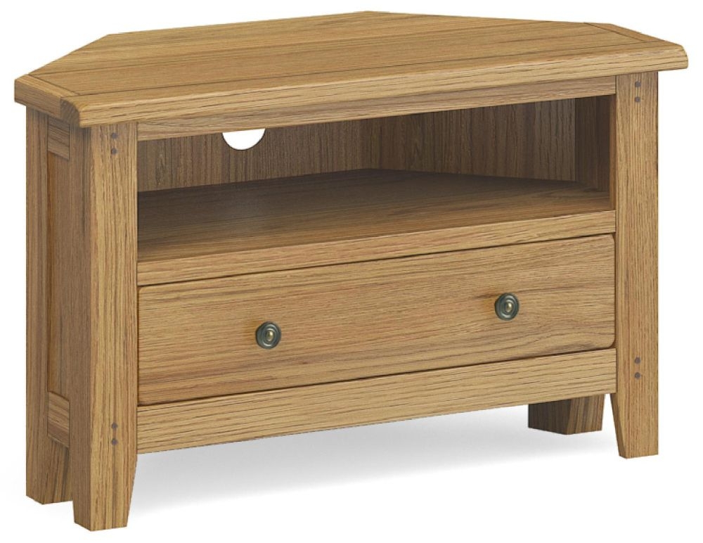 Product photograph of Belden Oak Corner Tv Unit With Drawer from Choice Furniture Superstore.