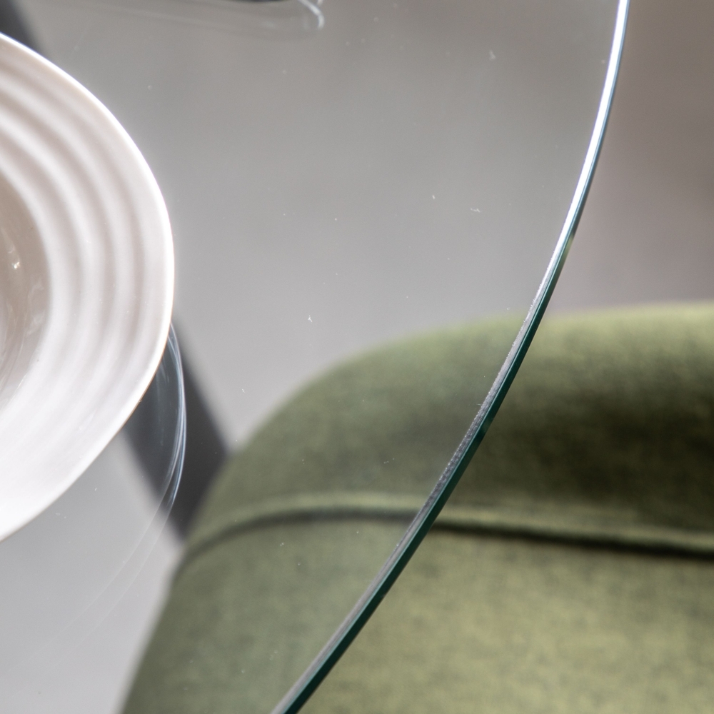 Product photograph of Mack 110cm Clear Glass Round Dining Table from Choice Furniture Superstore.