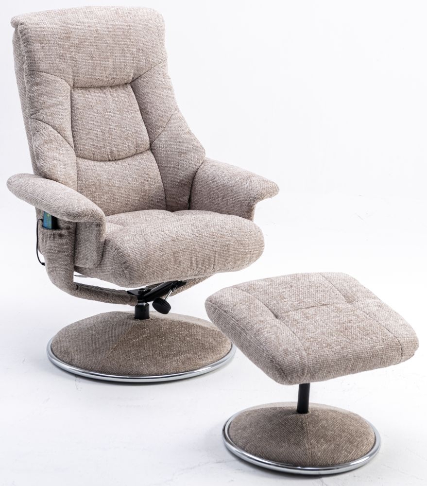 Product photograph of Gfa Riviera Swivel Recliner Chair With Footstool In Beige Fabric from Choice Furniture Superstore.