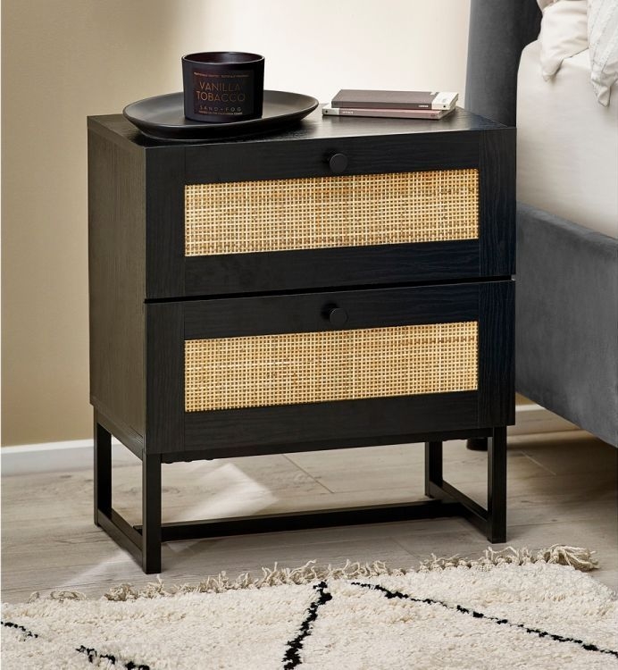 Product photograph of Padstow Black And Rattan 2 Drawer Bedside Cabinet from Choice Furniture Superstore.