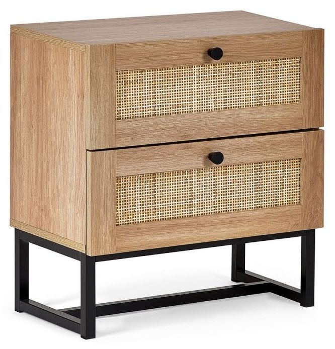 Product photograph of Padstow Wood Effect Rattan 2 Drawer Bedside Cabinet - Comes In Oak And Black Options from Choice Furniture Superstore.