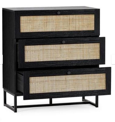 Product photograph of Padstow Black And Rattan 3 Drawer Chest from Choice Furniture Superstore.