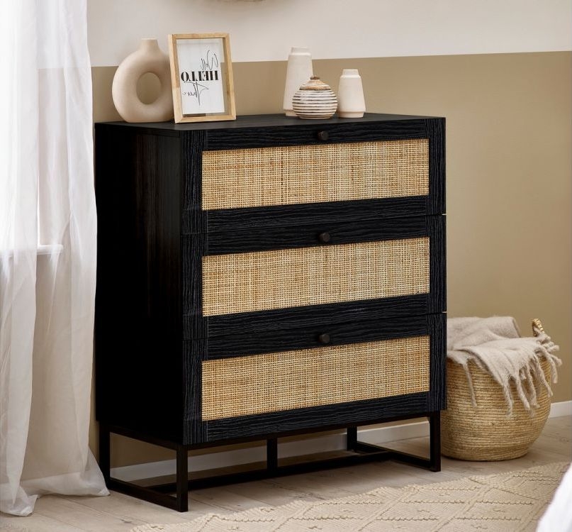 Product photograph of Padstow Black And Rattan 3 Drawer Chest from Choice Furniture Superstore.